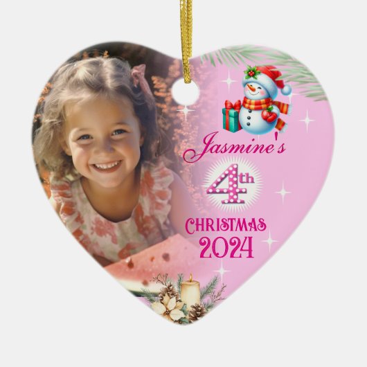 4th Christmas Personalised Girl Photo Heart Gift  セラミックオーナメント (正面)