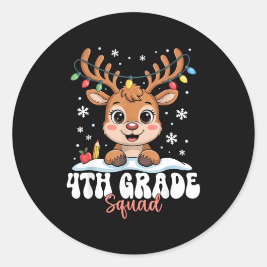 4th Grade Squad Reindeer Christmas Lights Cute Win ラウンドシール (正面)