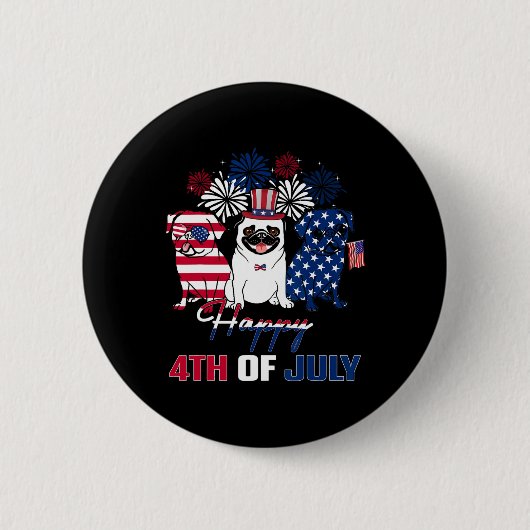 4th July アメリカ国旗 3色 パグ 青 花火 缶バッジ (正面)