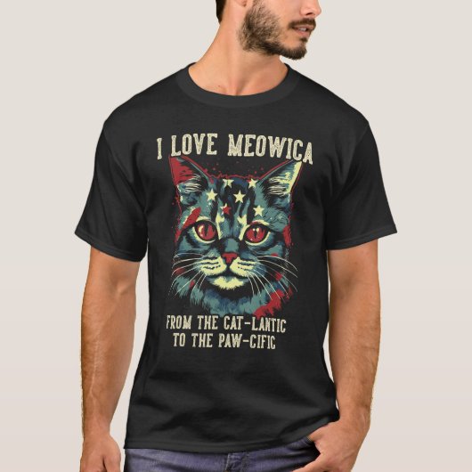 4th July Cat Lover, I Love Meowica Patriotic Cat W Tシャツ (正面)