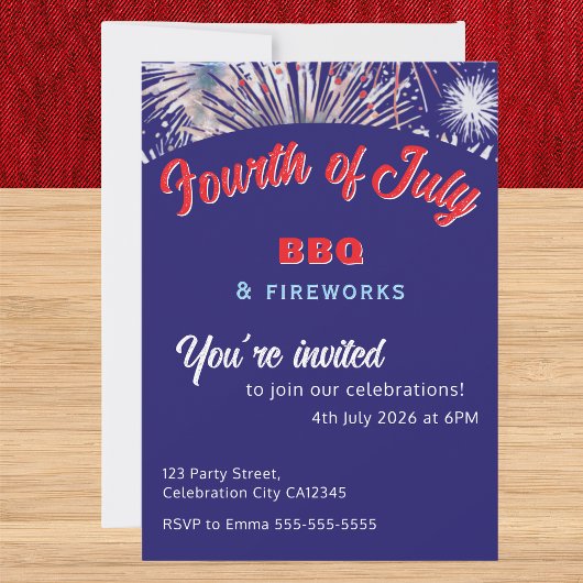 4th July Fireworks BBQ Red White Blue Custom Party 招待状