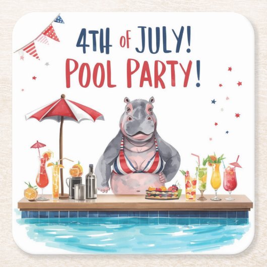 4th July Hippo Bikini in Pool Party  スクエアペーパーコースター (正面)