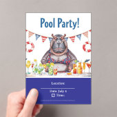 4th July Pool Party with Hippo in Bikini  アクリル招待状 (インサイチュ (ポータブル))