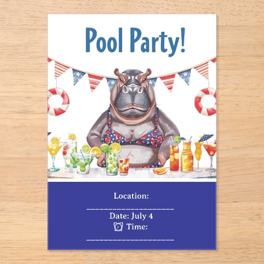 4th July Pool Party with Hippo in Bikini  アクリル招待状 (正面)