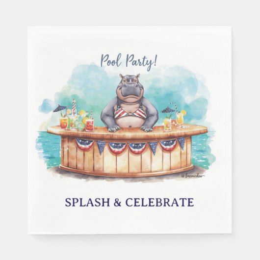 4th July Pool Party with Hippo in Bikini スタンダードランチョンナプキン (正面)