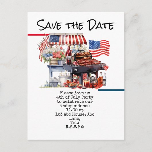 4th July Save the Date  Independence Day party   ポストカード (正面)