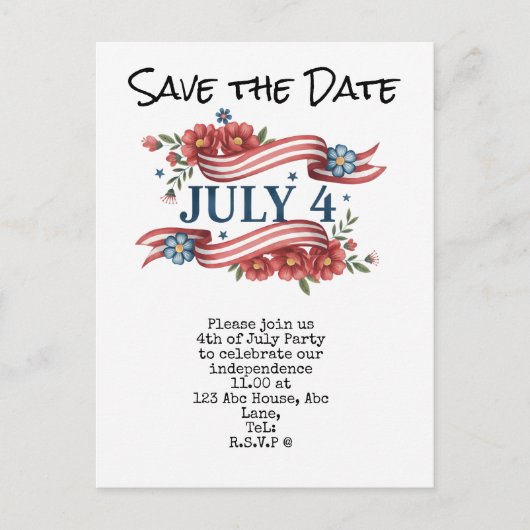  4th July Save the Date  Independence Day party   ポストカード (正面)