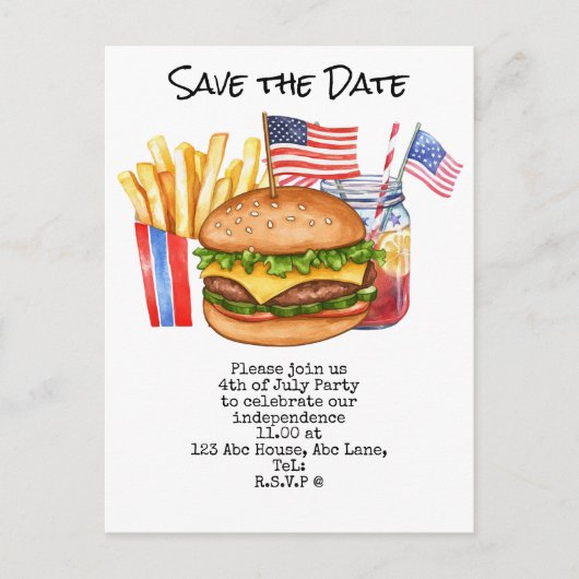  4th July Save the Date  Independence Day party   ポストカード (正面)