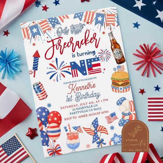 4th of July ファイアークラッカーが1歳の誕生日 招待状