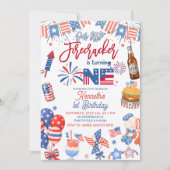 4th of July ファイアークラッカーが1歳の誕生日 招待状 (正面)