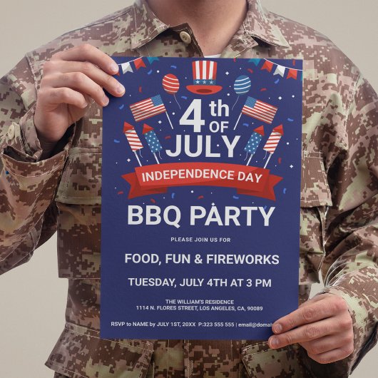 4th of July 花火と星条旗 BBQパーティー招待状 招待状