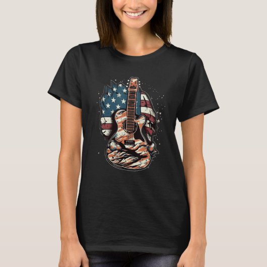 4th Of July Acoustic Guitar USA Flag Guitarist Roc Tシャツ (正面)