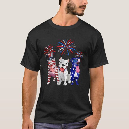 4th of July  American Flag Patriotic Dog Men Women Tシャツ (正面)