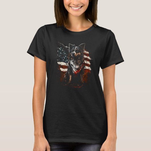 4th of July Australian Shepherd USA Flag Patriotic Tシャツ (正面)