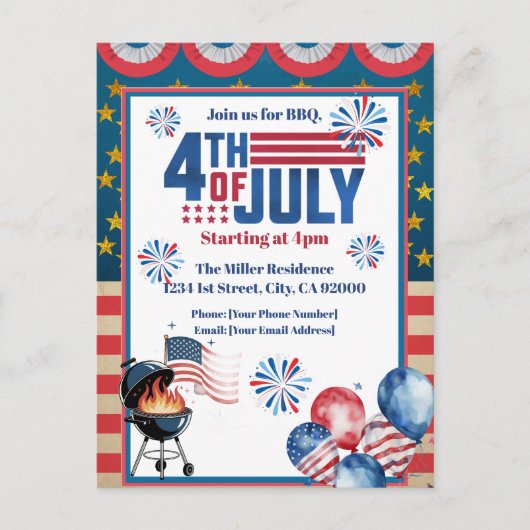 4th Of July BBQ Invitation, Party In USA Invite ポストカード (正面)