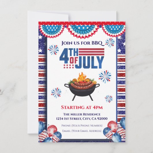 4th Of July BBQ Invitation, Party In USA Invite 招待状 (正面)