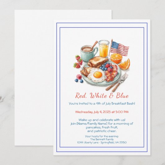 4th of July Breakfast Invitation – Patriotic  招待状 (正面/裏面)