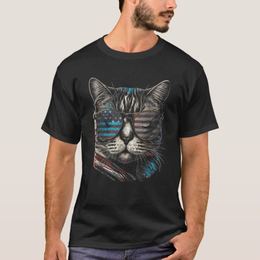4th Of July Cat American Flag America Patriotic Fu Tシャツ (正面)