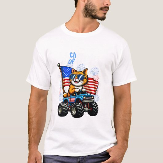 4th Of July Cat Riding Monster Tシャツ (正面)