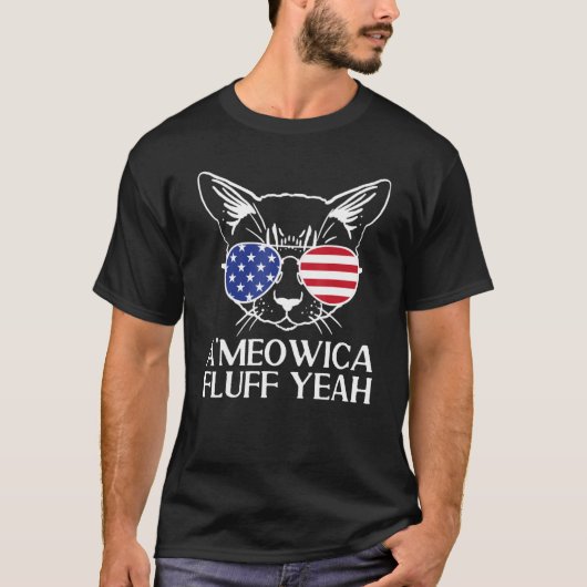 4th of July Cat US Flag Sunglasses Ameowica Fluff Tシャツ (正面)