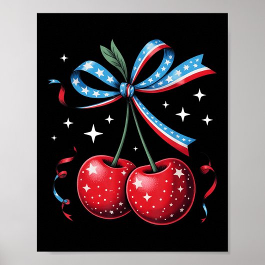 4th Of July Cherries Coquette Bow Patriotic Cherry ポスター (正面)