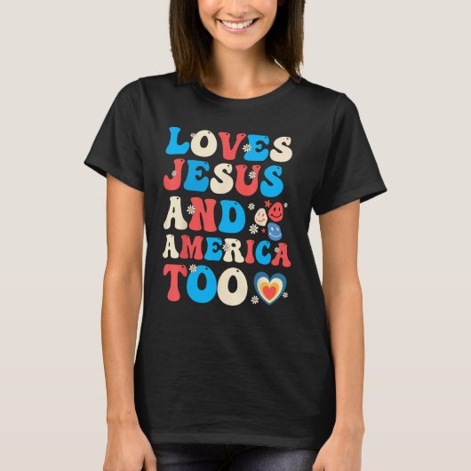 4th of July Christian Groovy Loves Jesus and Ameri Tシャツ (正面)