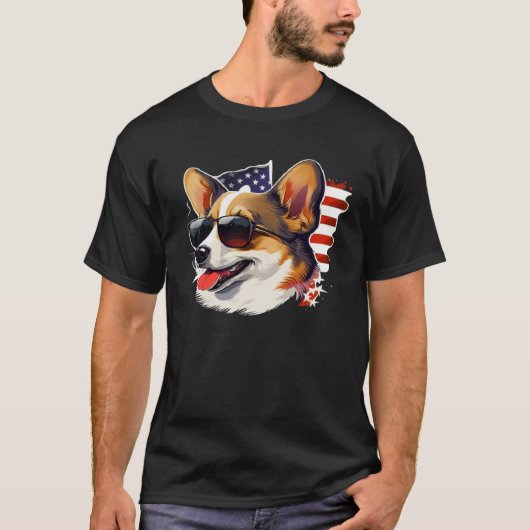 4th Of July Corgi American Flag Dog Tシャツ (正面)