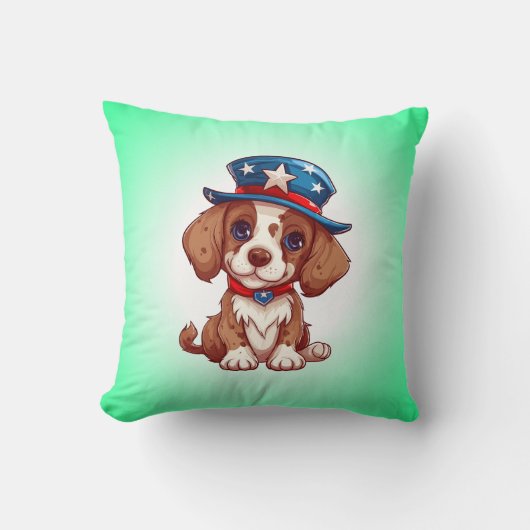 4th of July Cute Puppy With American Hat-71009 クッション (正面)