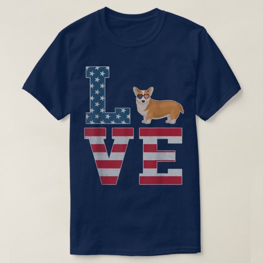 4th of July Decor Patriotic LOVE Welsh Corgi Ameri Tシャツ (デザイン正面)