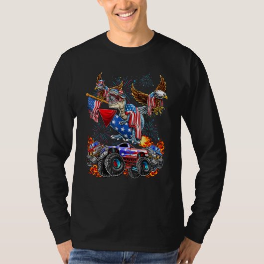 4th Of July Dinosaur Monster Truck Bald Eagle Amer Tシャツ (正面)
