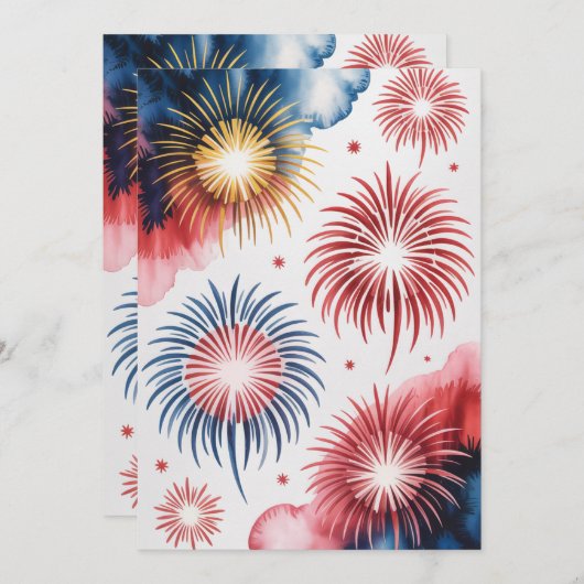 4th of July Fireworks | Watercolor Patriotic Art 案内状 (正面/裏面)