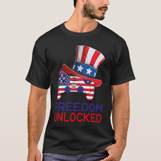 4th Of July Freedom Unlocked Video Game Gamer USA  Tシャツ (正面)