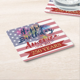 4th of July Happy Birthday America USA 250th スクエアペーパーコースター