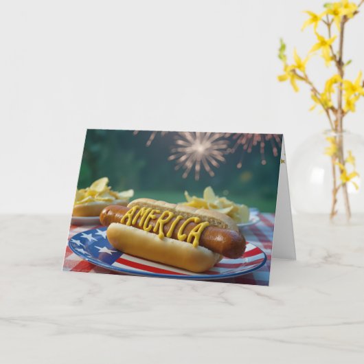 4th of July Hot Dog and Fireworks カード (黄色い花)