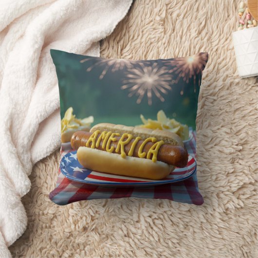 4th of July Hot Dog and Fireworks クッション (ブランケット)