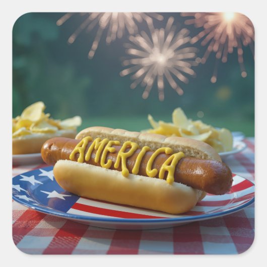 4th of July Hot Dog and Fireworks スクエアシール (正面)