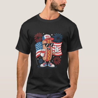 4th Of July Hotdog American Flag Patriotic Firewor Tシャツ