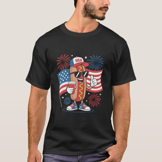 4th Of July Hotdog American Flag Patriotic Firewor Tシャツ (正面)