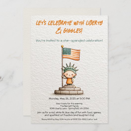 4th of July Kids Invitation – Cute Liberty  招待状 (正面/裏面)