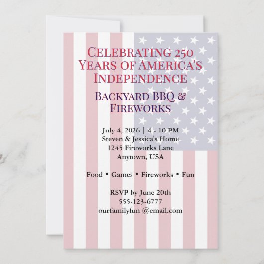 4th of July Liberty Torch Fireworks USA 250th 招待状 (裏面)