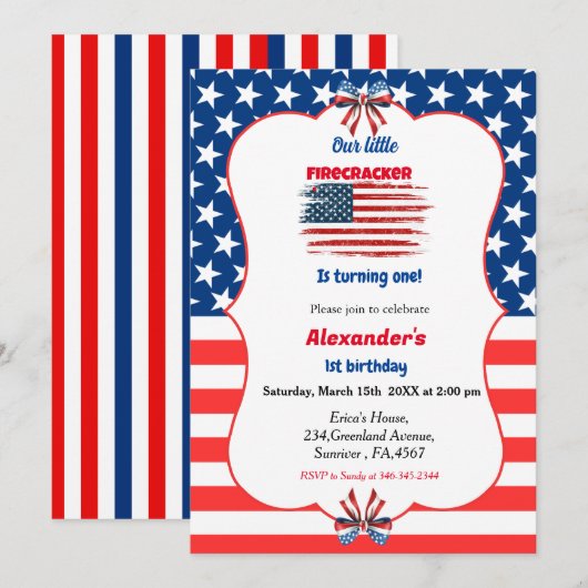 4th+of+july+little+firecracker+birthday 招待状 (正面/裏面)