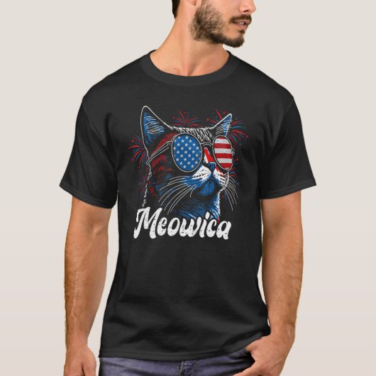 4th of July Meowica Kitty Ca Sunglasses American F Tシャツ (正面)