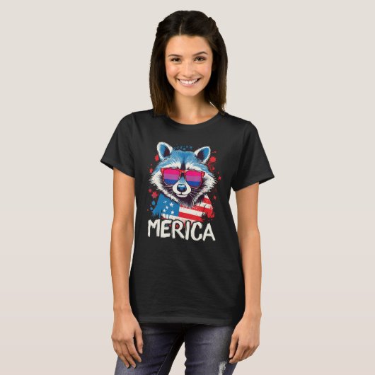 4th Of July Merica Raccoon Bisexual Sunglasses Fla Tシャツ (正面フル)