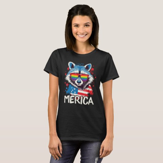 4th Of July Merica Raccoon LGBT Pride Sunglasses Tシャツ (正面フル)