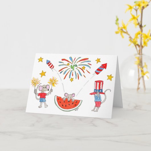 4th of July Mice カード (黄色い花)