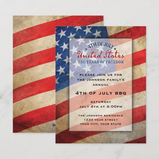 4th of July Party Invitation USA 250 Years シーズンカード (正面/裏面)