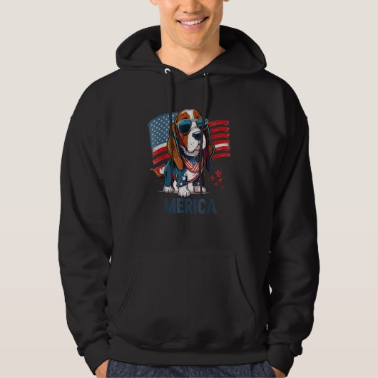 4th Of July Patriotic Basset Hound Dog Merica パーカ (正面)