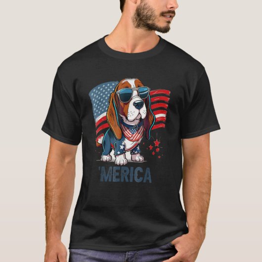4th Of July Patriotic Basset Hound Dog Merica Tシャツ (正面)