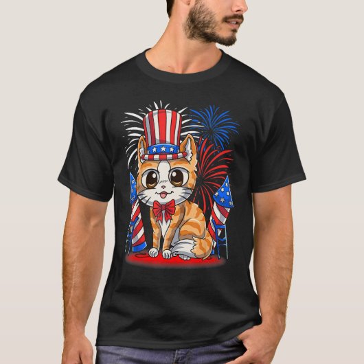 4th of July Patriotic Cat  American Flag Meowica C Tシャツ (正面)