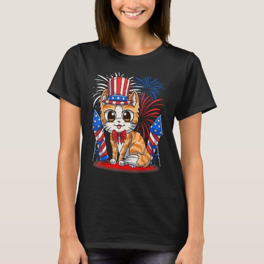 4th of July Patriotic Cat  American Flag Meowica C Tシャツ (正面)
